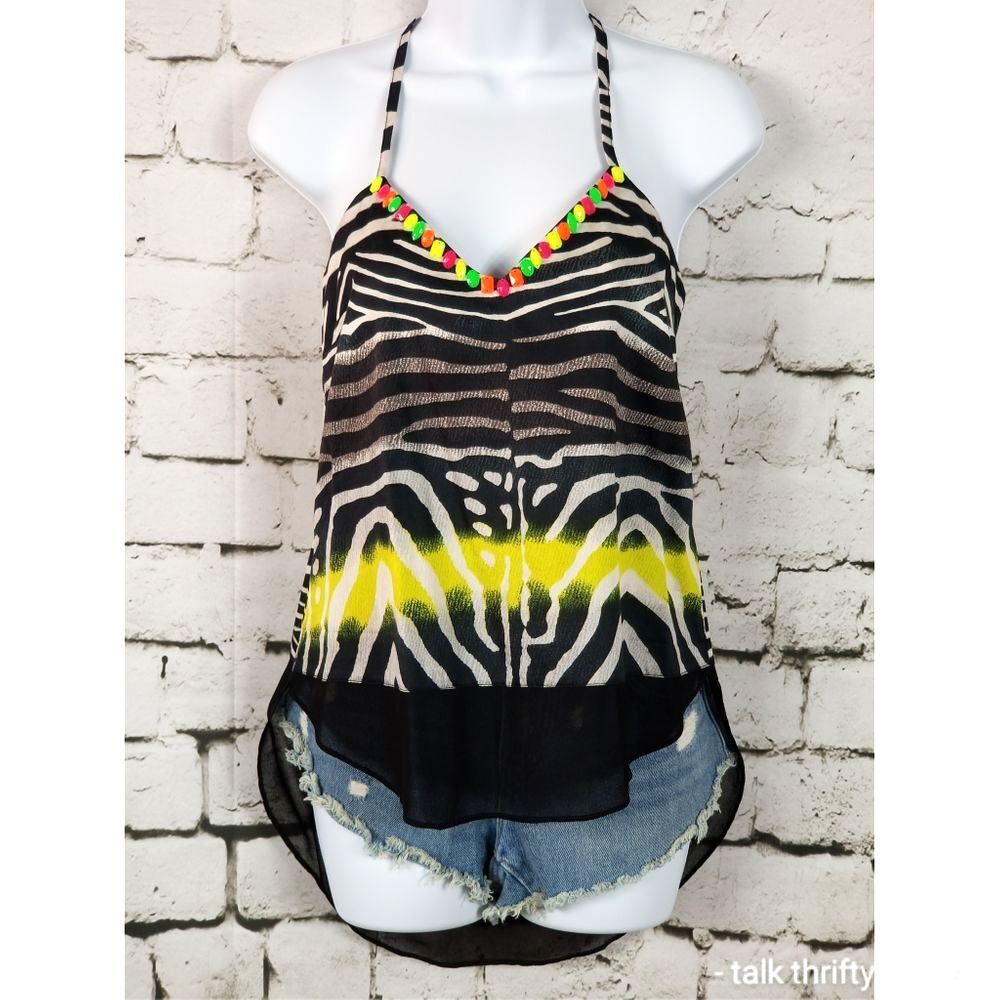 LINE & DOT Zebra Print Neon Beaded Tank Festival Rave Summer Size XS NEW